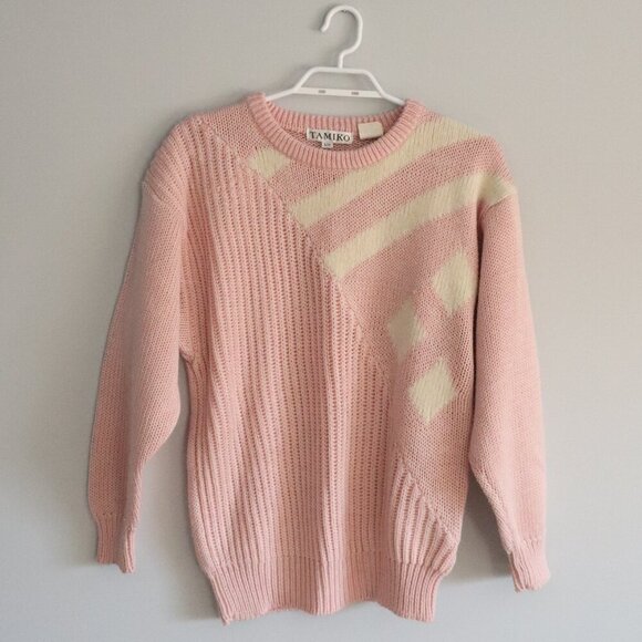 Vntg Tamiko Women's L Pink Angora/Rabbit Hair Pullover Crew Knit Ribbed Sweater - Picture 1 of 11